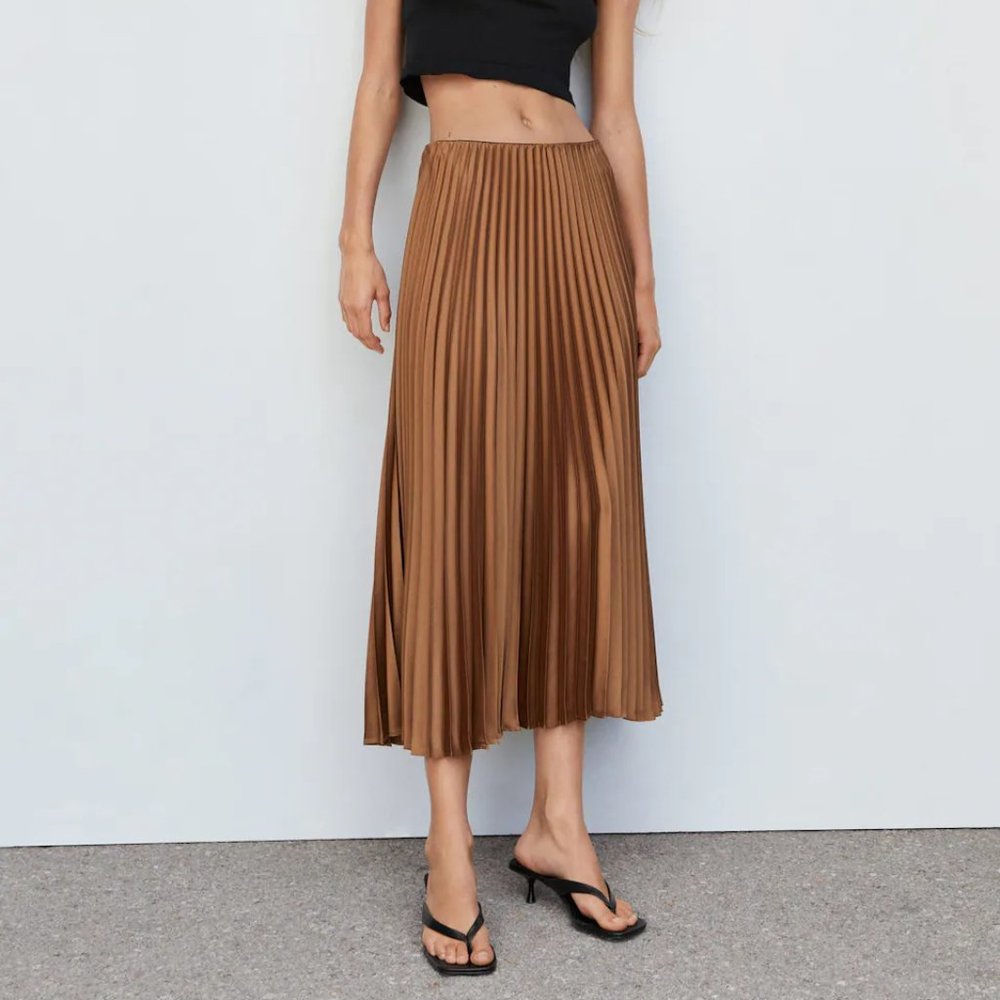 Mango Pleated Midi Skirt, Dark Brown, S